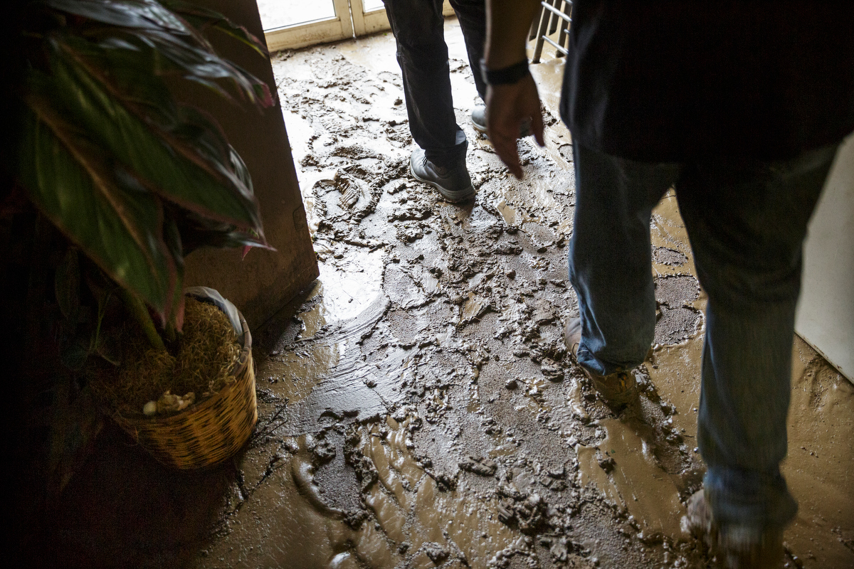 The floor of a section of Soddy Church of God is covered with mud one day after a deadly flash flood in the Depot Street area on Thursday, Sept. 27, 2018, in Soddy-Daisy, Tenn. Residents, volunteers and business owners returned Thursday following the flooding which killed one person Wednesday.