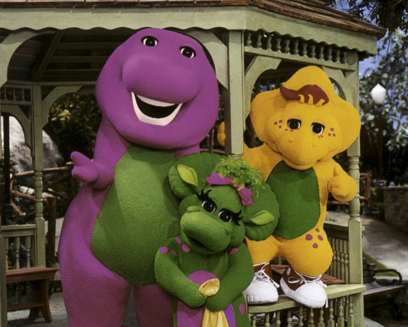 Barney, Baby Bop and BJ on the set of "Barney & Friends" as seen on PBS in 2002.