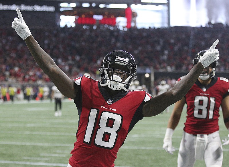 Atlanta Falcons receiver Calvin Ridley celebrates his second of three touchdown catches in Sunday's game against the New Orleans Saints.