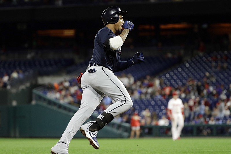 The Atlanta Braves' Johan Camargo rounds the bases after hitting a home run off Philadelphia Phillies starter Jerad Eickhoff during the fourth inning of Friday night's game.