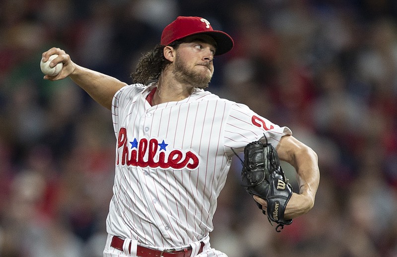 The Philadelphia Phillies' Aaron Nola pitches during the first inning of Saturday night's game against the visiting Atlanta Braves.
