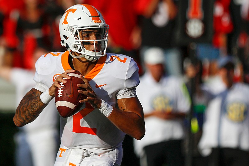Tennessee quarterback Jarrett Guarantano looks for a receiver as the Vols attempt a two-point conversion during their game against Georgia in September 2018.