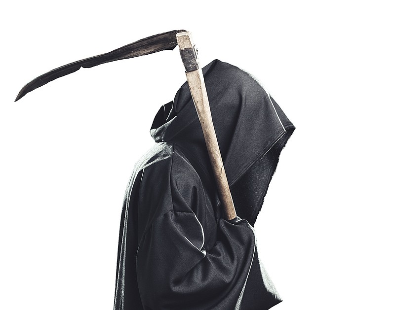 flying scytheman isolated grim reaper halloween death sickle black cloak axe hood