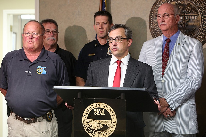 District Attorney General Neal Pinkston gives a statement about the 2009 murder of Franklin Augustus Bonner during a news conference at the Newell Towers on June 12, 2018 in Chattanooga.