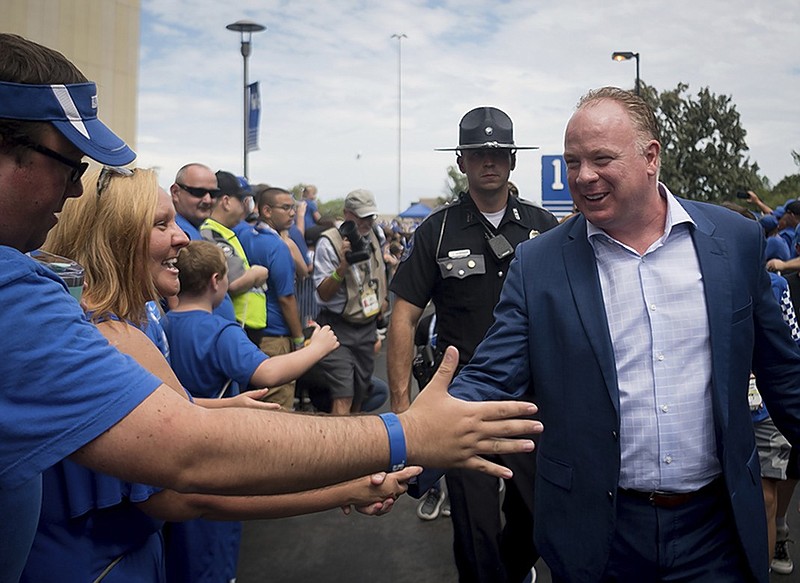 Kentucky football coach Mark Stoops greets fans before the Wildcats' home game against Central Michigan on Sept. 1. Stoops has Kentucky off to its first 5-0 start since 2007 as the Wildcats prepare to play at Texas A&M on Saturday.