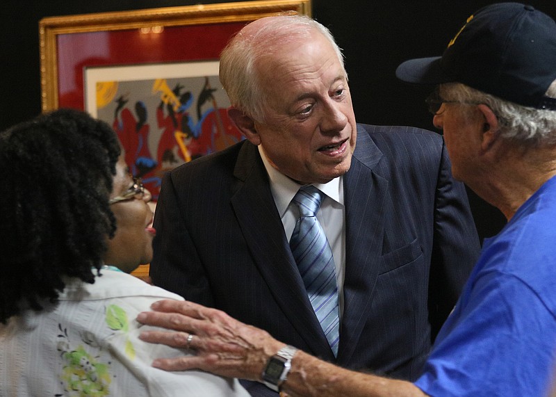 Democrat Phil Bredesen speaks with Sylvia W. Phillips, president of the National Alliance on Mental Illness, and Bill Honeycutt, a member of the board of directors for the local affiliate of the National Alliance on Mental Illness, following an ideas forum Monday, October 1, 2018 at the Bessie Smith Cultural Center in Chattanooga, Tennessee. Bredesen held the event to talk about his platform and field audience questions. 