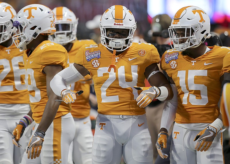 Tennessee defensive back Todd Kelly Jr. (24), shown during warmpus for the 2017 Chick-fil-A Kickoff Game against Georgia Tech in Atlanta, said he has no regrets about his Vols career despite missing a big chunk of playing time due to injury.