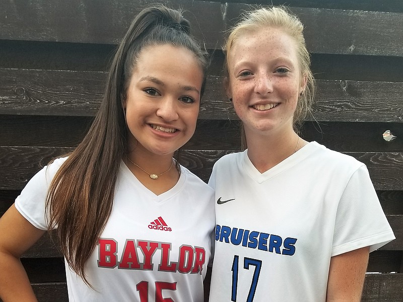 Mya McGee, left, and Lane Lawrence have been close friends as youth soccer teammates, GPS freshmen and now as seniors for rivals Baylor and GPS.