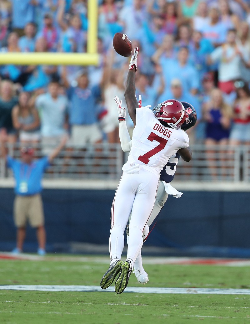 Alabama junior cornerback Trevon Diggs, shown here breaking up a pass at Ole Miss on Sept. 15, is going to be out indefinitely after breaking his foot in Saturday's win at Arkansas.