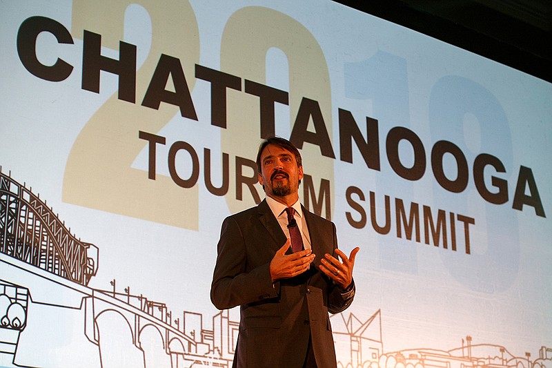 Chattanooga Convention and Visitors Bureau President and CEO Barry White speaks during the Chattanooga Tourism Summit at the Chattanooga Convention Center on Tuesday, Oct. 9, 2018, in Chattanooga, Tenn.
