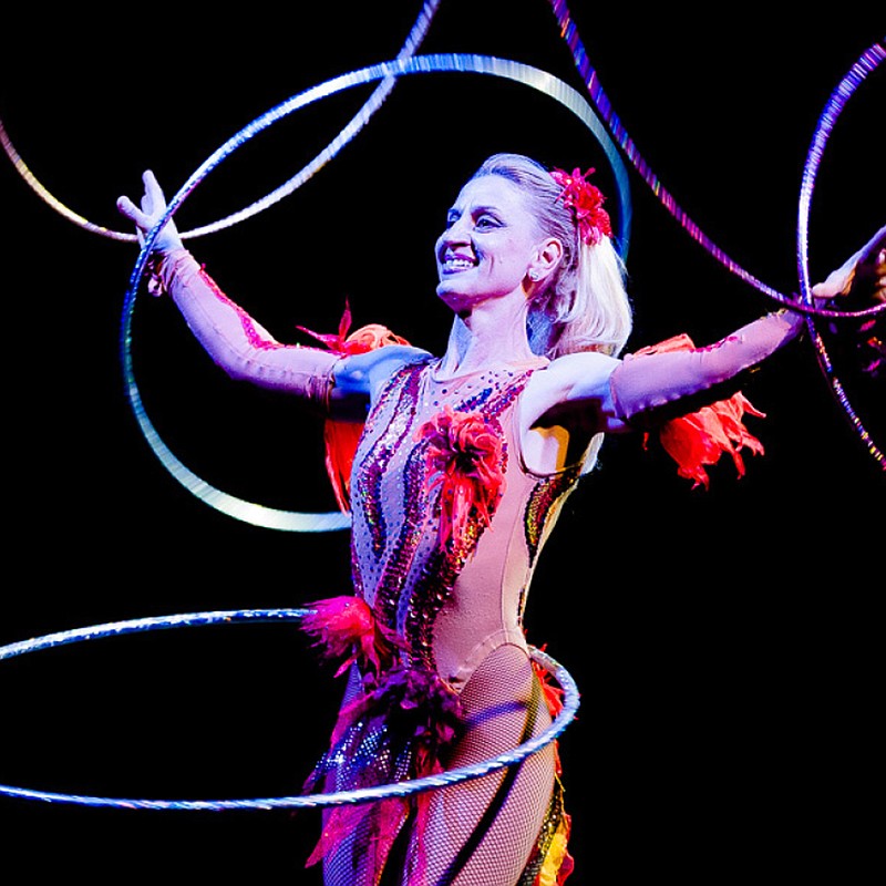 Alicia Dominguez, a fourth-generation circus performer from Peru, whirls and twirls Hula Hoops during her precision act in the Alhambra Shrine Circus. The Tarzan Zerbini-produced circus is under way in Camp Jordan Arena in East Ridge. Show times are 7 p.m. Thursday and Friday, Oct. 11-12; noon, 4 and 7:30 p.m. Saturday, Oct. 13; 1 and 5 p.m. Sunday, Oct. 14. Tickets are $15 ages 12 and up, $8 ages 6-11. Children ages 3 and younger are free if seated on an adult's lap. For more information: www.alhambrashriners.com. (Tarzanzerbinicircus.com photo)