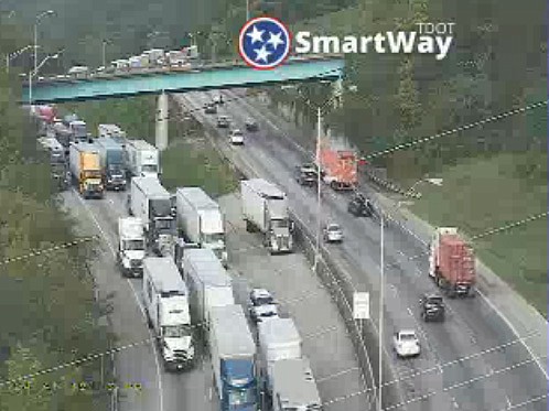 Traffic is backed up on Interstate 24 westbound from downtown Chattanooga to the I-24/I-75 split on Tuesday evening.
