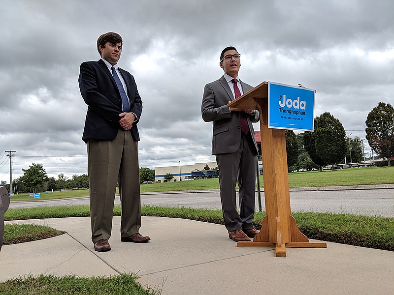 Michael Holloway, left, announces his endorsement of his Tennessee House District 30 opponent Joda Thongnopnua.
