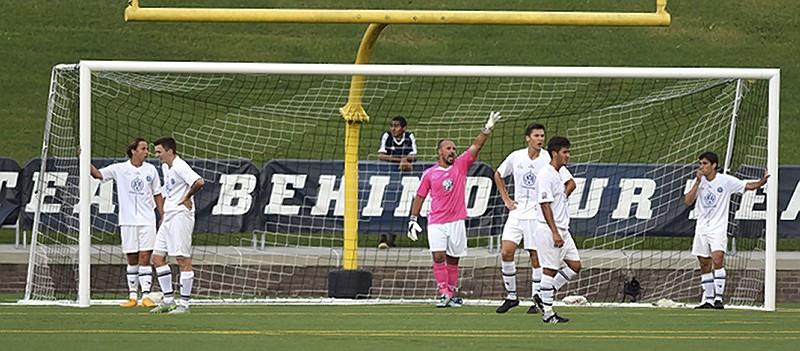 Gregory Hartley calls out defensive adjustments while playing goalkeeper for Chattanooga FC during a June 2015 match against the Knoxville Force at Finley Stadium.