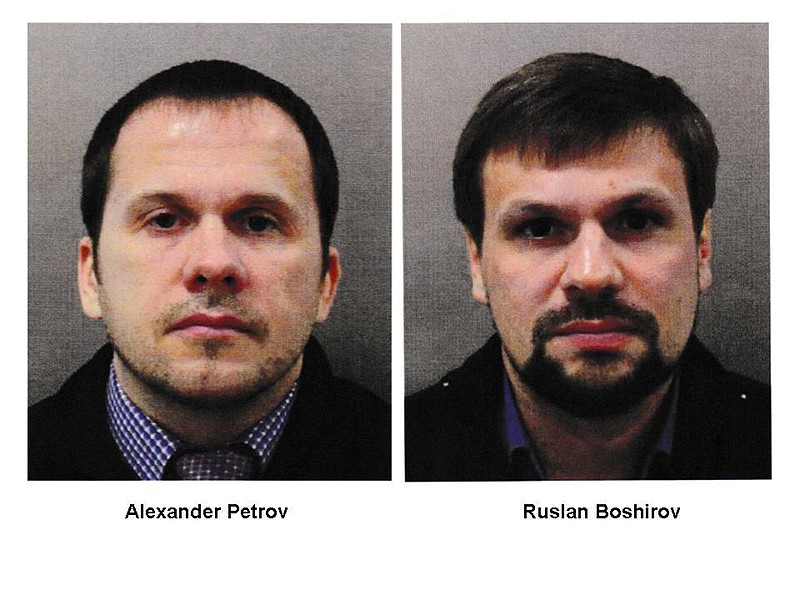 This file combination photo made available by the Metropolitan Police on Sept. 5 shows men identified as Alexander Petrov, left, and Ruslan Boshirov. Investigative group Bellingcat reported on Oct. 8 on its website that the man British authorities identified as Alexander Petrov is actually Alexander Mishkin, a doctor working for the Russian military intelligence unit known as GRU. (Metropolitan Police via AP)