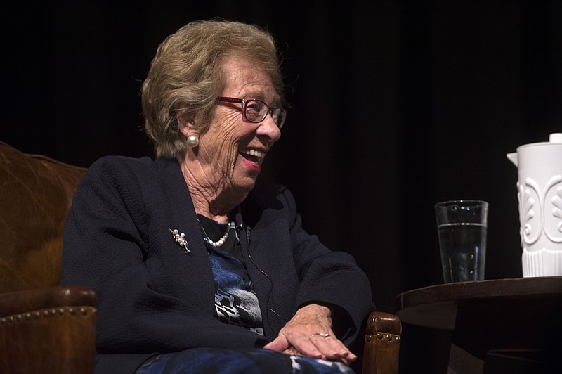 Eva Schloss, a Holocaust survivor and stepsister of Anne Frank, speaks to Hallerin Hill in the Knoxville Civic Auditorium Tuesday, Feb. 21, 2017.