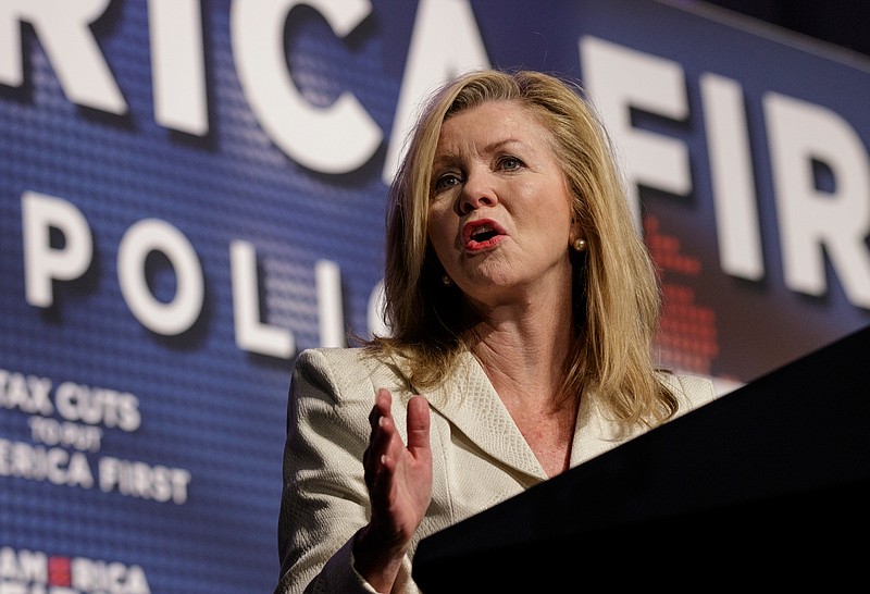 U.S. Rep. Marsha Blackburn introduces Vice President Mike Pence at a tax policy event hosted by America First policies at Lee University's Pangle Hall on Saturday, July 21, 2018, in Cleveland, Tenn. Vice President Pence was the keynote speaker at the event, which featured a panel of guests discussing the effects of President Donald Trump's tax bill.