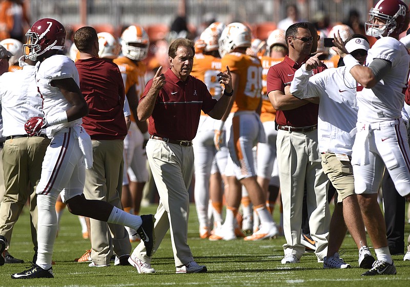 Alabama head coach Nick Saban directs his team during drills.  The top-ranked University of Alabama Crimson Tide visited the University of Tennessee Volunteers in SEC football action on October 15, 2016