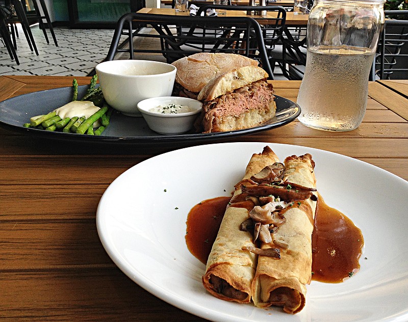 Old Gilman Grill's Beef Burgundy Crepes and French Dip with steamed asparagus. (Photo by Chris Zelk)