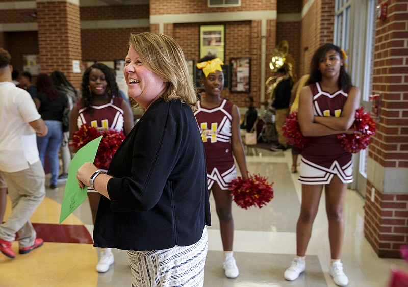 Opportunity zone chief Jill Levine arrives for the Opportunity Zone Community Celebration Phase II at Howard School on Tuesday, Sept. 25, 2018, in Chattanooga, Tenn. Parents, school faculty and community members gathered to note the accomplishments of the Opportunity Zone schools.
