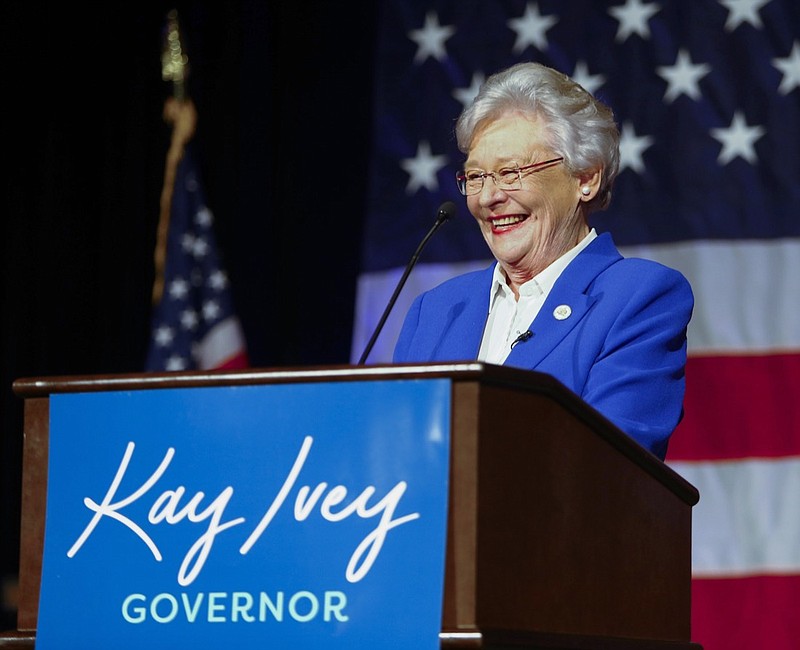 In this June 5, 2018, file photo, Alabama Gov. Kay Ivey speaks to supporters at her watch party after winning the Republican nomination for governor at a hotel in Montgomery, Ala. The health of the 74-year-old Republican governor has become a periodic issue in the state's gubernatorial race. (AP Photo/Butch Dill, File)