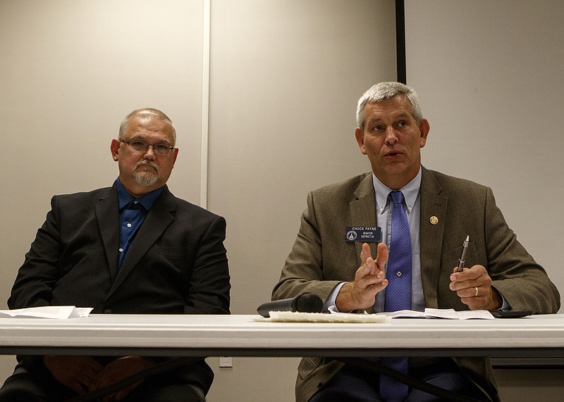 Georgia District 54 State Senator Chuck Payne, right, and Democratic challenger Michael Morgan participate in a forum hosted by the League of Women Voters of Dalton Inc. at the Mack Gaston Community Center on Thursday, Oct. 18, 2018 in Dalton, Ga.
