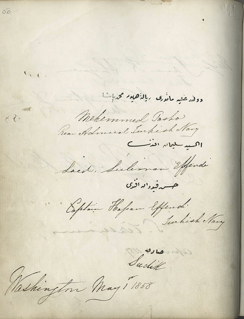 The Edward Kimble Valentine collection of autographs contains signatures dated from 1843 to 1916. This example shows the signatures from a Turkish delegation visiting Washington, D.C., in 1858. (Photo courtesy of the Chattanooga Public Library)