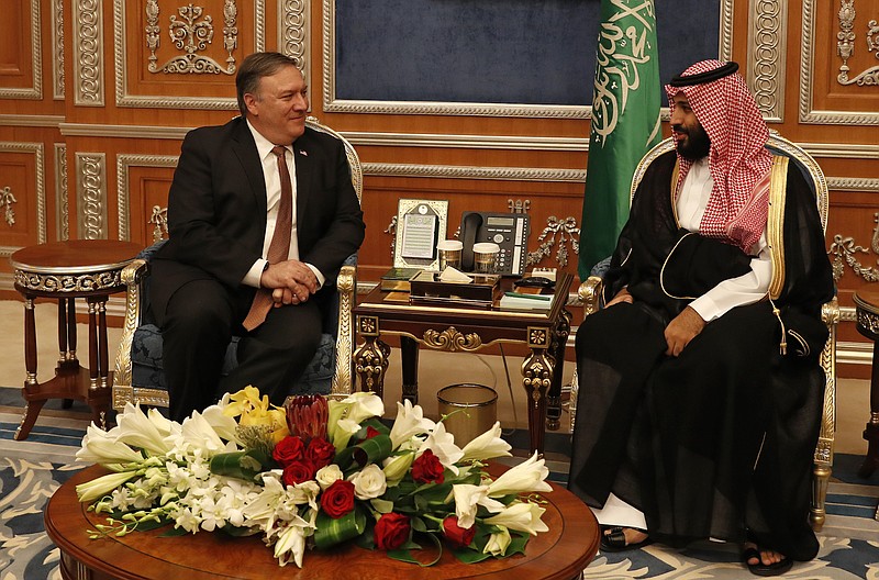 U.S. Secretary of State Mike Pompeo meets with the Saudi Crown Prince Mohammed bin Salman during his visits in Riyadh, Saudi Arabia, on Tuesday.