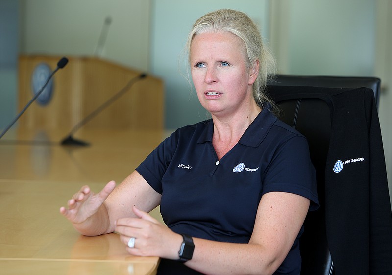 Nicole Koesling, the senior vice president of human resources at Volkswagen, talks about her job at the Volkswagen Plant Wednesday, July 11, 2018 in Chattanooga, Tennessee. Koesling has worked in the human resources department at Volkswagen plants in several countries, including Germany, China, France and the United States. 