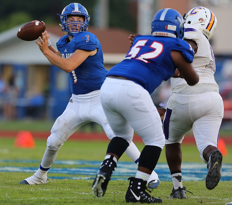 Red Bank quarterback Madox Wilkey (7) throws a pass during the Red Bank vs. Chattanooga Central football game Friday, August 24, 2018 at Tom Weathers Field at Red Bank High School in Red Bank, Tennessee. The score was 13-7 with Red Bank in the lead at the half.