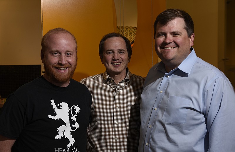 Photographed at the offices of the Lamp Post Group on Monday, Apr. 4, 2016, in Chattanooga, Tenn., Allan Davis, Barry Large and Ted Alling, from left, are the founders of Access America Transport, a company they sold in 2014. They have recently launched Dynamo, a company that is a logistics accelerator. 