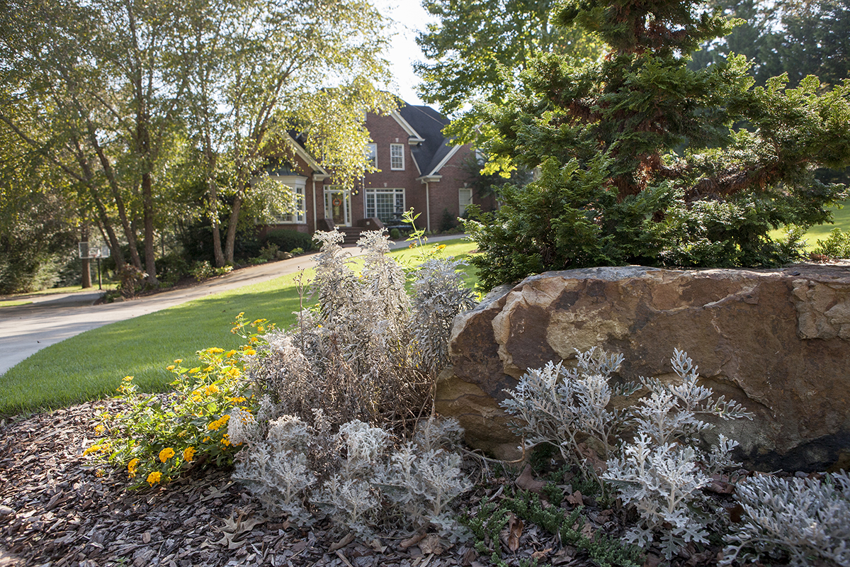 Steve and Heather Wright purchased their Mountain Shadows home from acquaintances before it went on the market. A rock garden with plants and shrubs marks the entrance to their driveway.