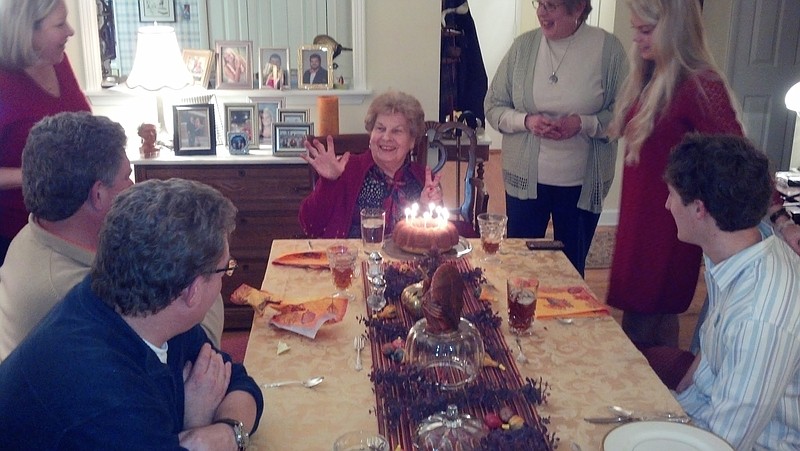 Shirley Hixson's tasteful table decorations make an appearance as her family gathers to celebrate her birthday.