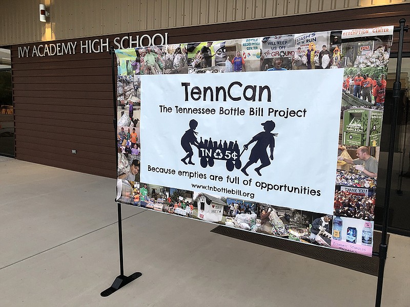 A sign outside Ivy Academy's new high school welcomes guests to a presentation about the Tennessee Bottle Bill Project. The school hosted an informational meeting about the project. (Staff photo by Mark Pace/Chattanooga Times Free Press)