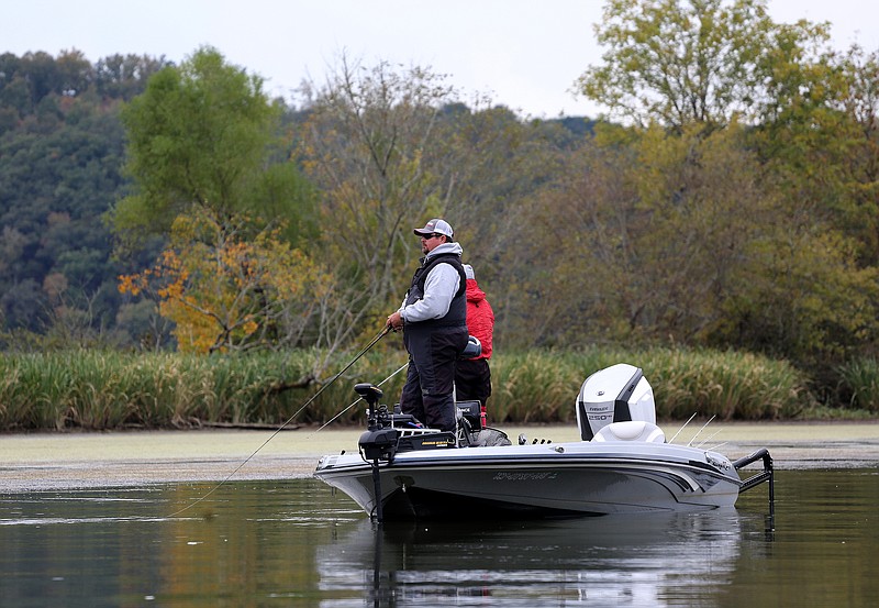 Dan Morehead fishes from his boat during the Fishing League Worldwide Bass Fishing League Regional Championship tournament Thursday, October 25, 2018 held on Lake Chickamauga in Dayton, Tennessee. The tournament started Thursday and will run through Saturday.