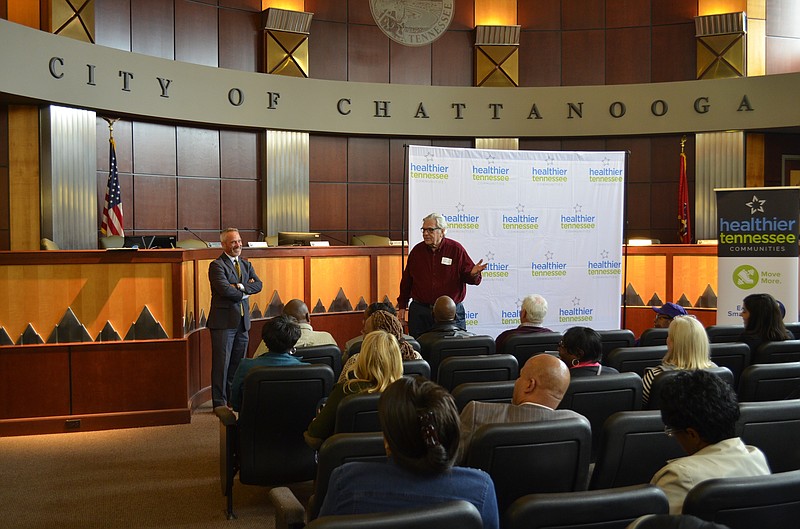 Lantz Powell, right, shares his desire to build community through wellness during the launch of Chattanooga's Healthier Tennessee Neighborhoods program Oct. 25. (Contributed photo)