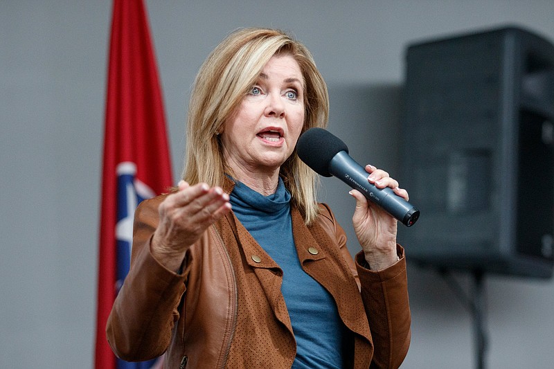 U.S. Senatorial candidate Marsha Blackburn speaks during an appearance at East Ridge Motors on Saturday, Oct. 27, 2018, in East Ridge, Tenn. Blackburn appeared at the campaign event along with U.S. Rep. Chuck Fleischmann and representatives from the Family Research Council.