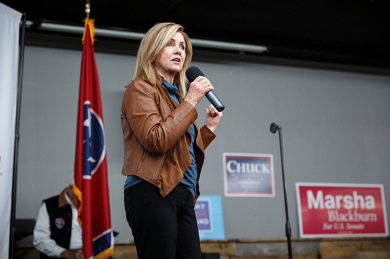 U.S. Senatorial candidate Marsha Blackburn speaks during an appearance at East Ridge Motors on Saturday, Oct. 27, 2018, in East Ridge, Tenn. Blackburn appeared at the campaign event along with U.S. Rep. Chuck Fleischmann and representatives from the Family Research Council.