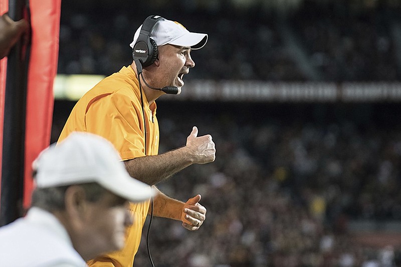 Tennessee football coach Jeremy Pruitt shouts instructions to his players during Saturday night's game at South Carolina. The Vols lost by a field goal to fall to 3-5 overall and 1-4 in the SEC in Pruitt's first season as coach.