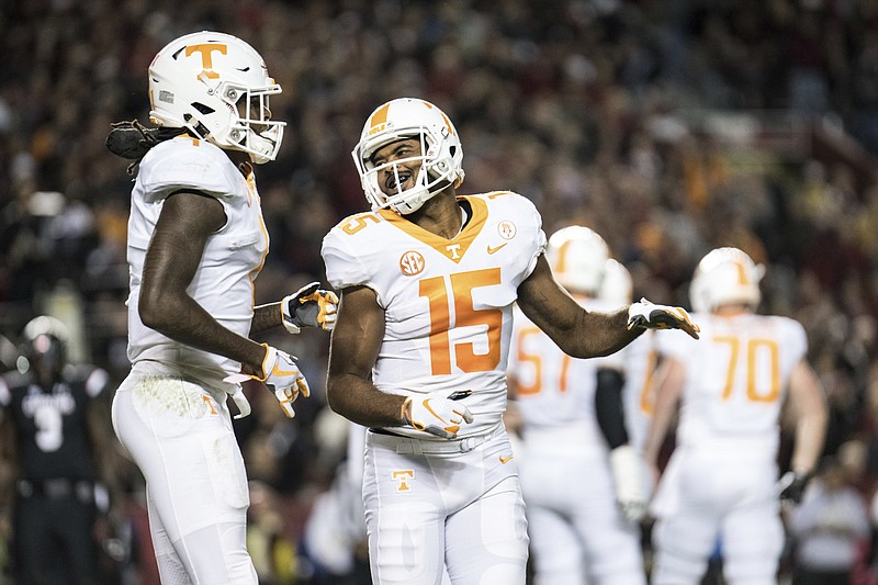 Tennessee wide receivers Jauan Jennings (15) and Marquez Callaway celebrate Jennings' 6-yard touchdown catch during the first half of Saturday's game at South Carolina.