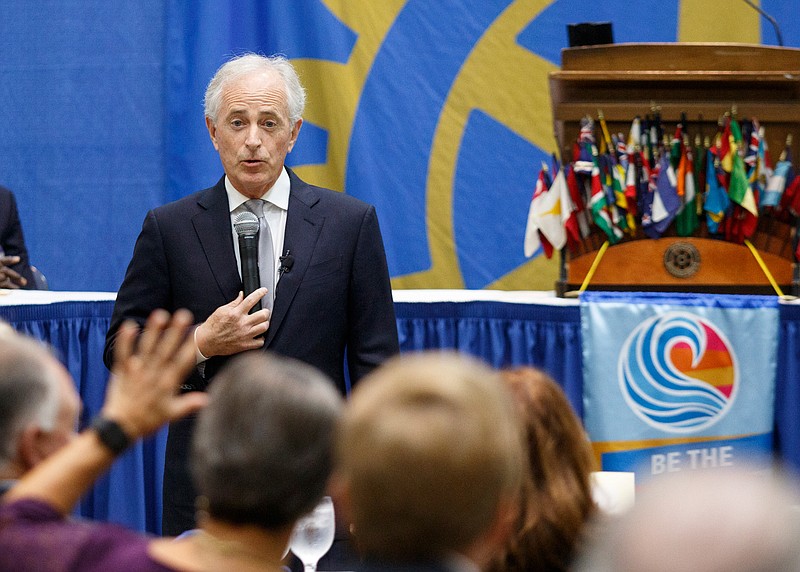 U.S. Sen. Bob Corker takes questions during an appearance at the Rotary Club of Downtown Chattanooga's luncheon at the Chattanooga Convention Center on Thursday, Nov. 1, 2018, in Chattanooga, Tenn. 