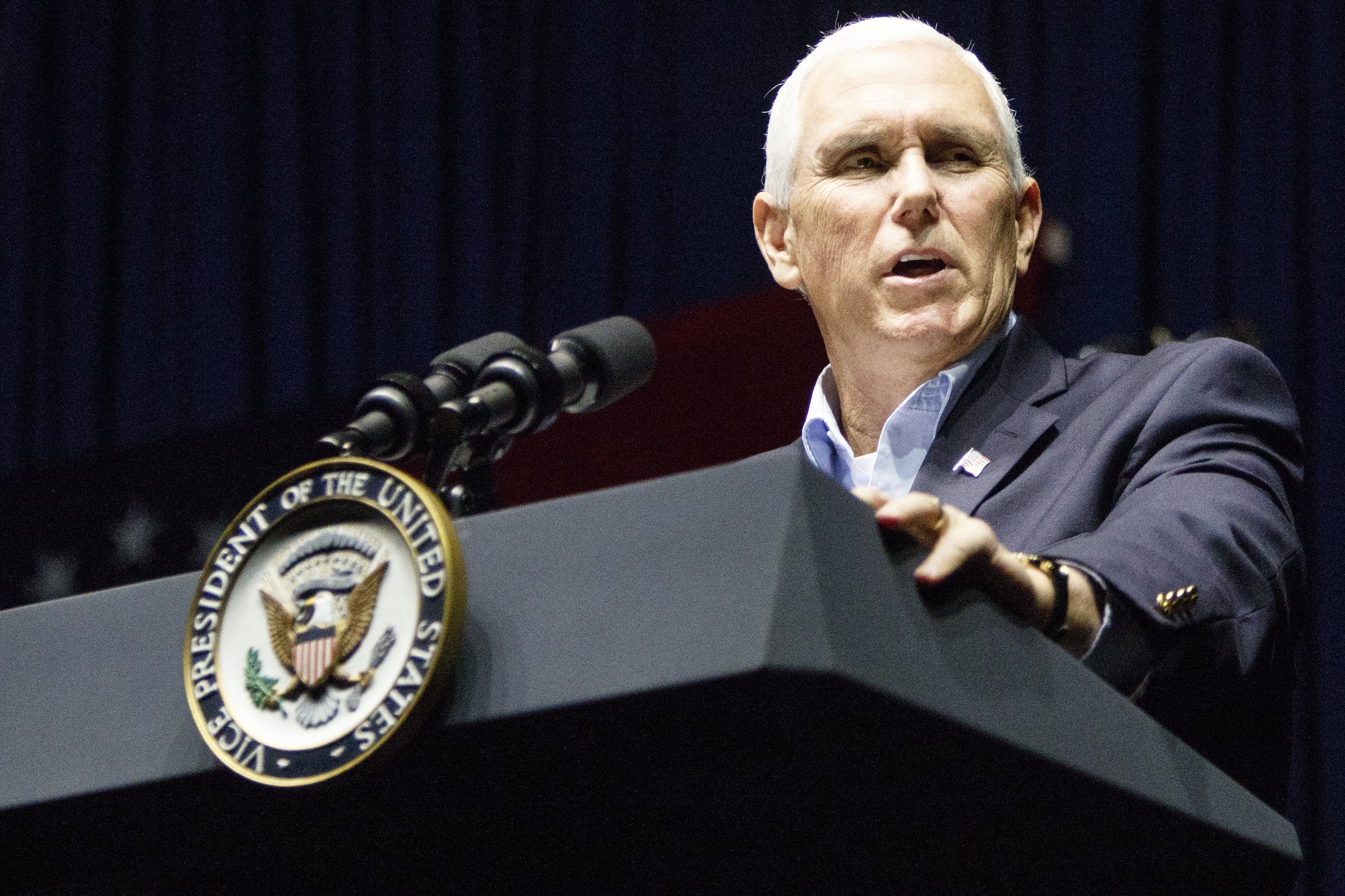 Vice President Mike Pence speaks during a "Get Out The Vote" rally while stumping for Republican gubernatorial candidate Brian Kemp at the Dalton Convention Center on Thursday, Nov. 1, 2018 in Dalton, Ga. Republican Brian Kemp is facing off against Democrat Stacey Abrams for governor in Georgia.