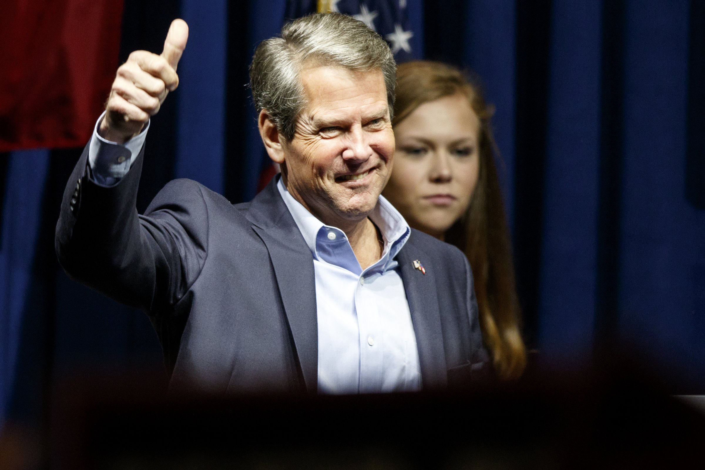 Republican gubernatorial candidate Brian Kemp gives a thumbs up as he greets the crowd during a "Get Out The Vote" rally at the Dalton Convention Center on Thursday, Nov. 1, 2018 in Dalton, Ga. Republican Brian Kemp is facing off against Democrat Stacey Abrams for governor in Georgia.