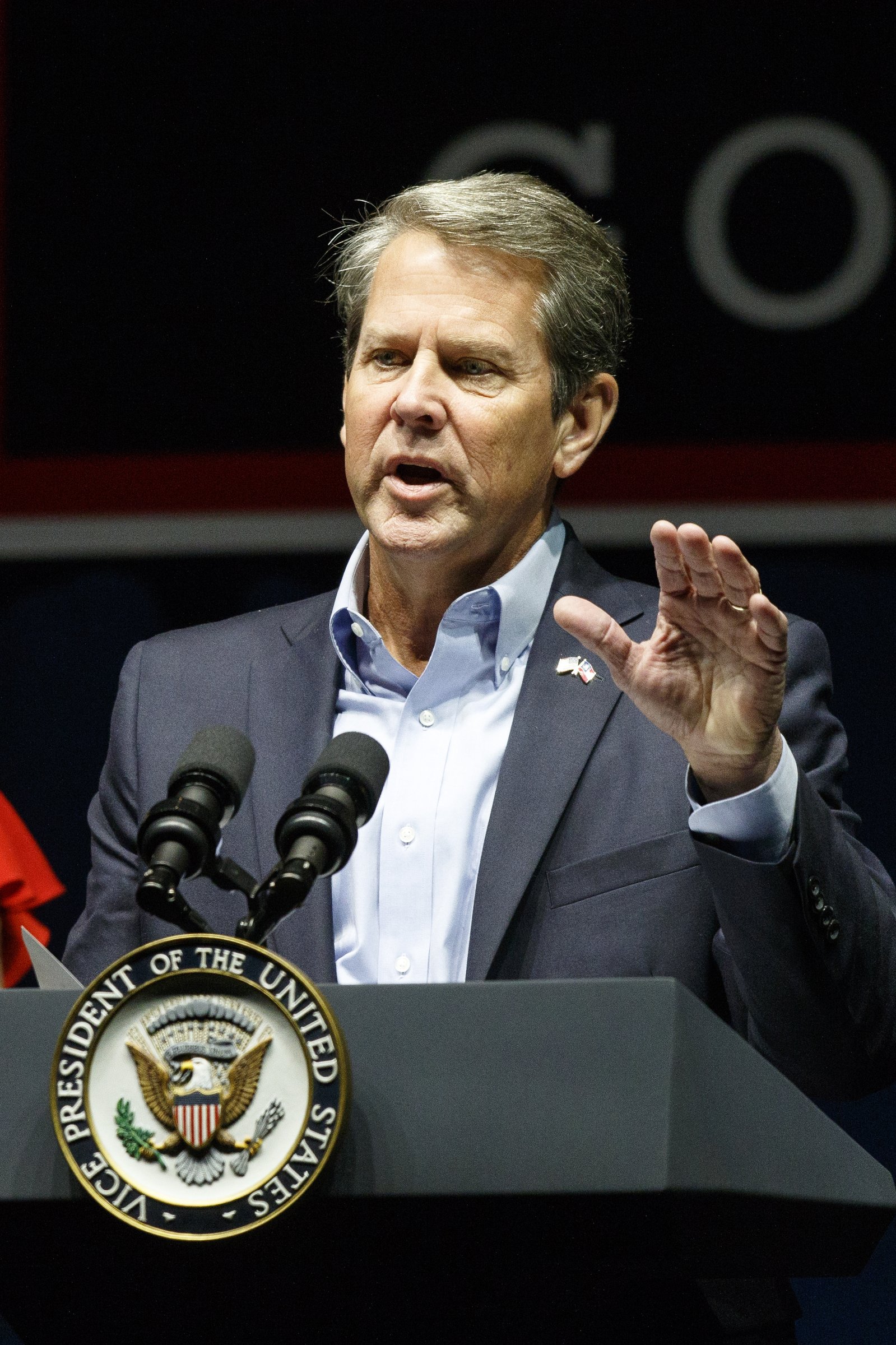 Republican gubernatorial candidate Brian Kemp speaks during a "Get Out The Vote" rally at the Dalton Convention Center on Thursday, Nov. 1, 2018 in Dalton, Ga. Republican Brian Kemp is facing off against Democrat Stacey Abrams for governor in Georgia.