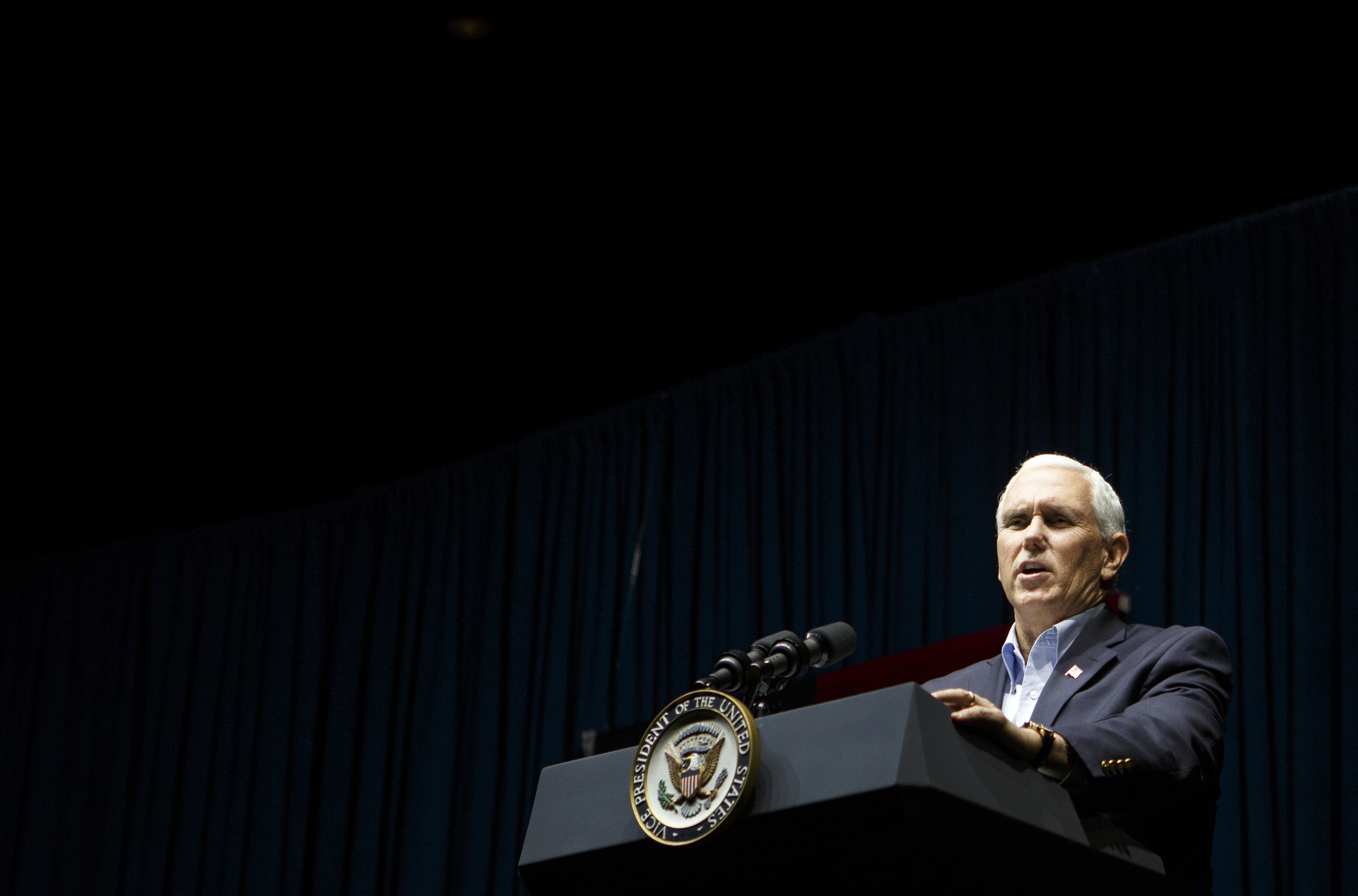Vice President Mike Pence speaks during a "Get Out The Vote" rally while stumping for Republican gubernatorial candidate Brian Kemp at the Dalton Convention Center on Thursday, Nov. 1, 2018 in Dalton, Ga. Republican Brian Kemp is facing off against Democrat Stacey Abrams for governor in Georgia.