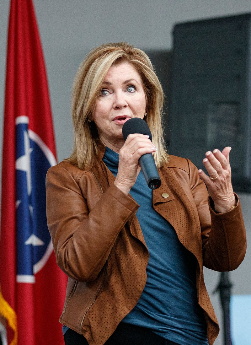 U.S. Senatorial candidate Marsha Blackburn speaks during an appearance at East Ridge Motors on Saturday, Oct. 27, 2018, in East Ridge, Tenn. Blackburn appeared at the campaign event along with U.S. Rep. Chuck Fleischmann and representatives from the Family Research Council.