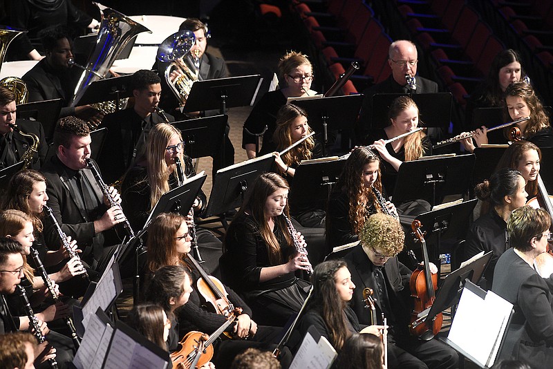 Members of the Lee University Wind Ensemble perform during the prelude.  Lee University celebrated its centennial with a celebration at the Conn Center on the campus of the Cleveland, Tenn., school on November 2, 2018.  