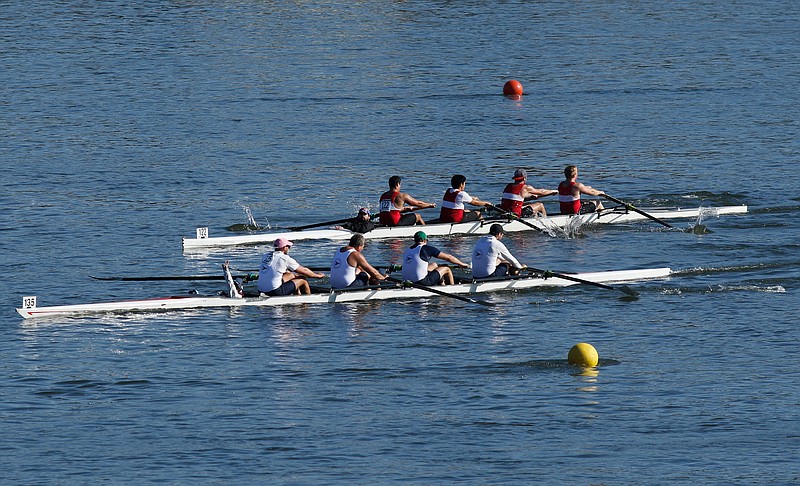 Crews compete in the Head of the Hooch rowing regatta at Ross's Landing on Saturday, Nov. 3, 2018, in Chattanooga, Tenn. Thousands of rowers gathered at the riverfront to compete in one of the world's largest regattas, which continues Sunday.