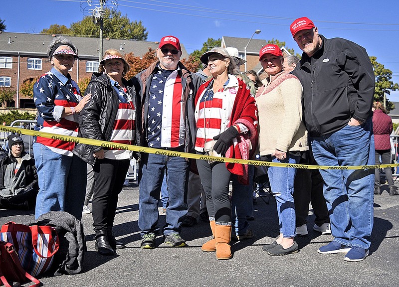 From left, Lynda Tanner, Brenda Winston, David Pitre, Karen Schooley, Kristina and Rodney Pittman are the front of the line at the Trump rally. The group is from Mississippi, Alabama and Georgia. President Donald Trump held a rally at the UTC McKenzie Arena on November 4, 2018.
