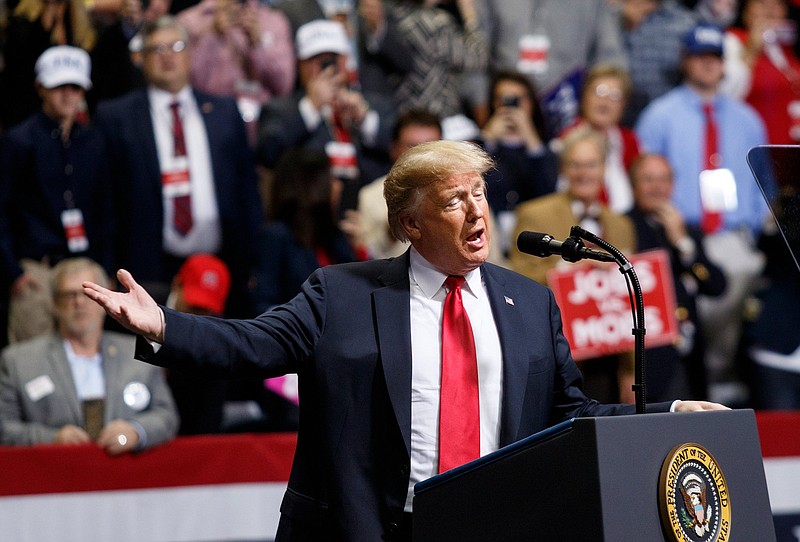 President Donald Trump speaks during a rally at McKenzie Arena on Sunday, Nov. 4, 2018, in Chattanooga, Tenn. President Trump visited the scenic city along with Vice President Mike Pence to stump for Tennessee Senatorial candidate Marsha Blackburn.
